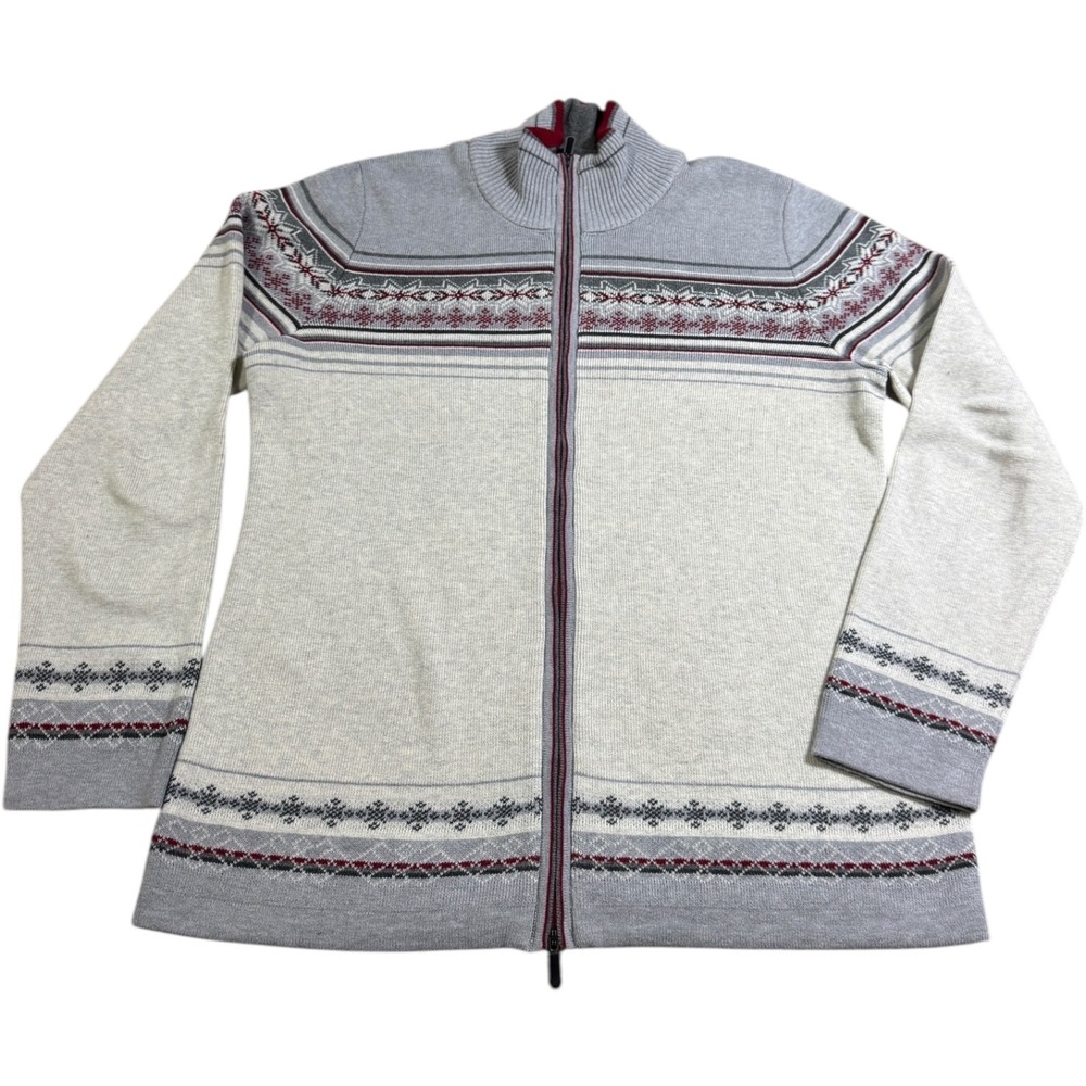 Eddie Bauer Full‎ Zip 100% Cotton Sweater Jacket Fair Isle Nordic Gray Red L